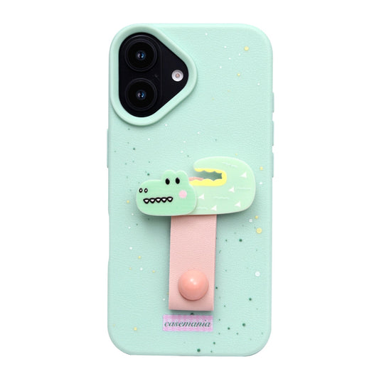 Apple iPhone 16 Hülle - Grün Krokodil - Silikon Backcover mit Fingerhalter