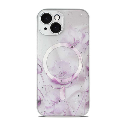 iPhone 13 Hoesje - Licht Roze - Bloemen Glitter MagSafe Back Cover