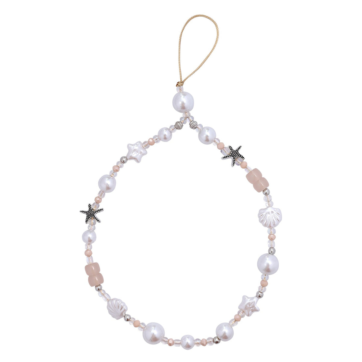 Casemania Universele Telefoonketting - Oceaan Design - Wristlet Charm Strap - Polsband met Parels, Zeesterren en Schelpen - Stevige Mobiele Armband