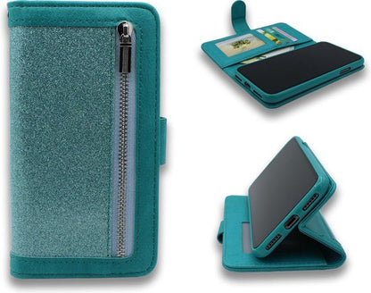 Samsung Galaxy A70 Hoesje - Glitter - Turquoise - Luxe Bookcase met Rits