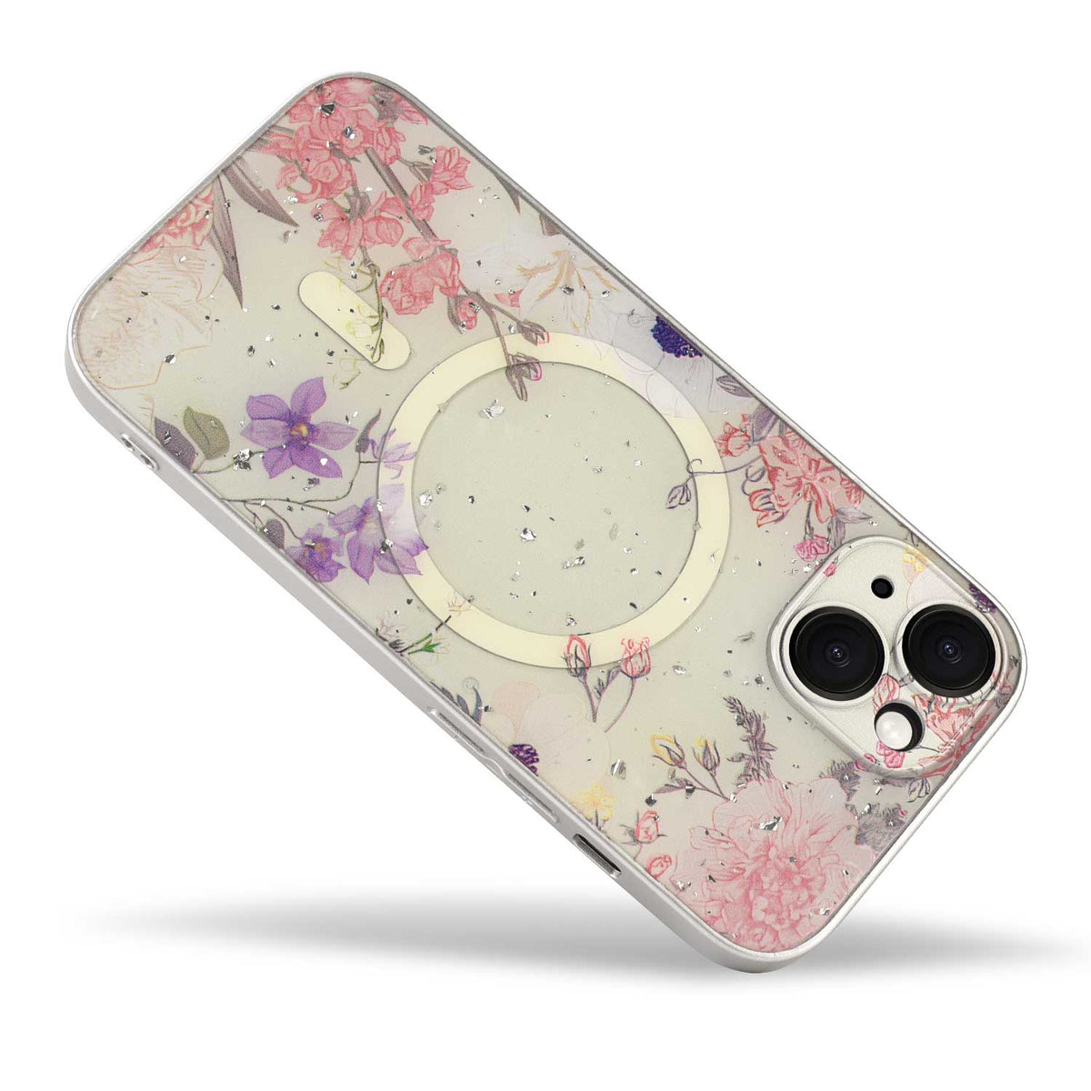 Apple iPhone 14 Hoesje - Roze - Bloemen Glitter MagSafe Back Cover