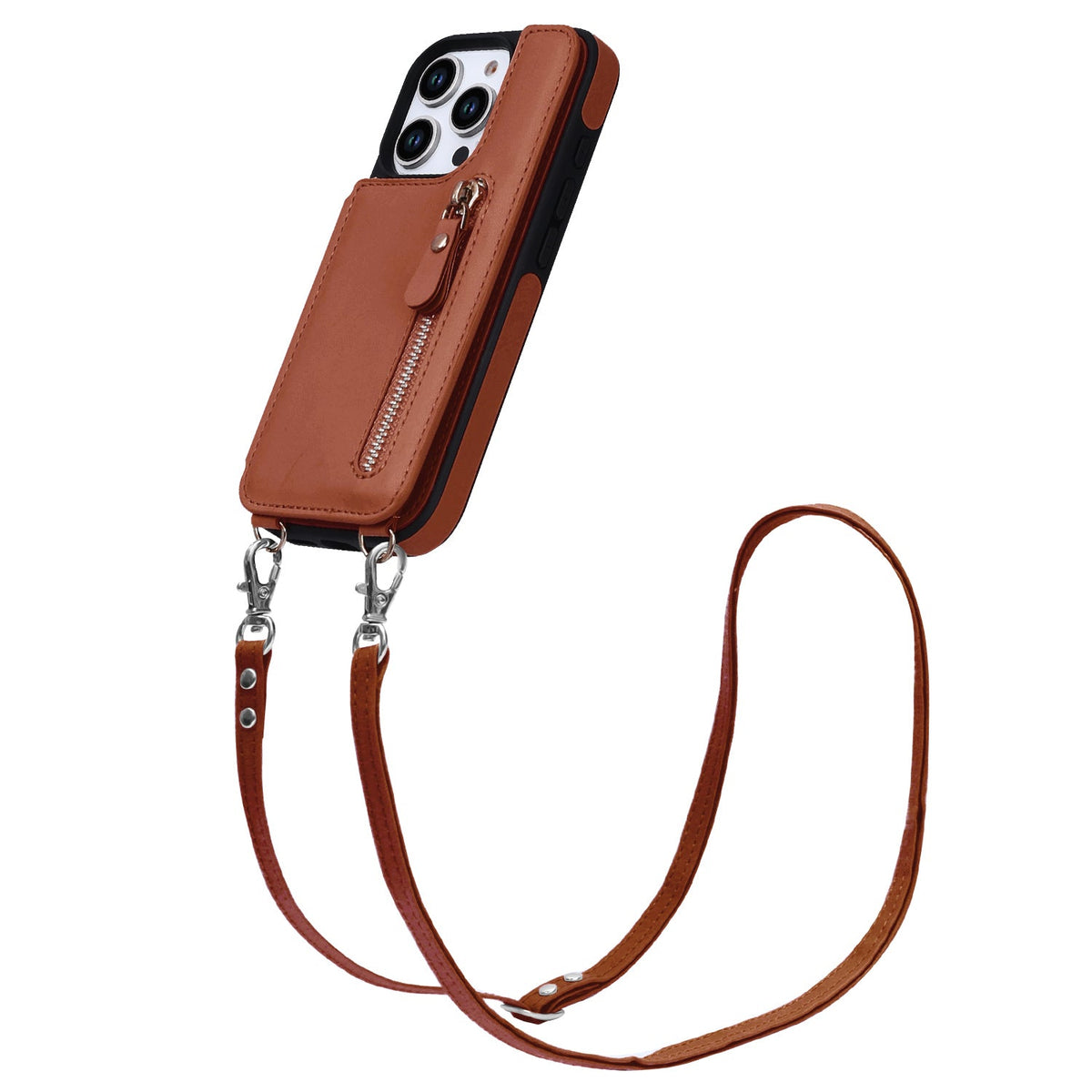 iPhone 16 Pro Hoesje - Bruin - Luxe Back Cover met Telefoonkoord en Rits