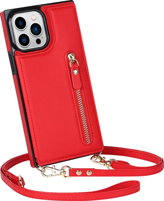 Apple iPhone 14 Pro Max Case - Red - Luxury Back Cover with Phone Strap and Zipper