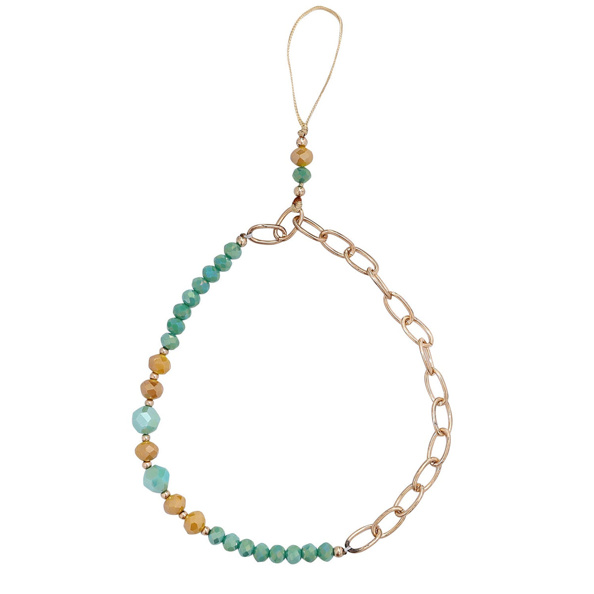 Casemania Universal Phone Chain - Gold-Coloured Links & Green Faceted Beads - Wrist Strap with Beads - Wristlet Strap - Sturdy Mobile Armband