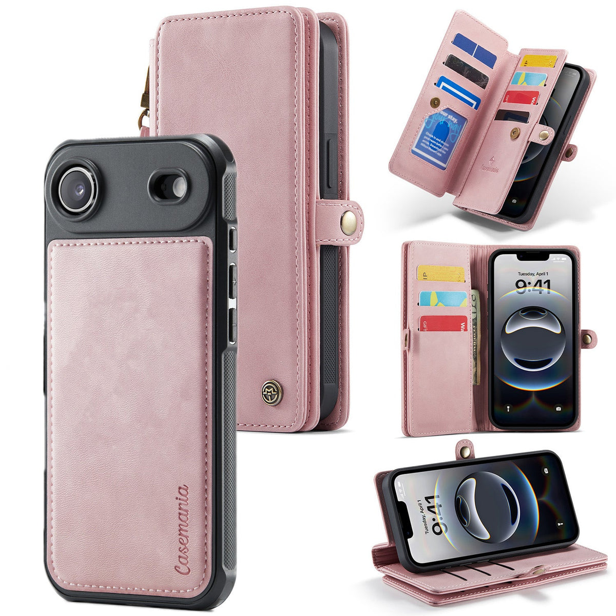 Apple iPhone Air Case - Pale Pink - Luxury 2-in-1 Wallet Case with 10 Card Slots and Wrist Strap