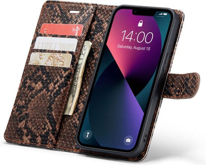 Apple iPhone 13 Case - Brown - 2 in 1 Snake Print Back Cover
