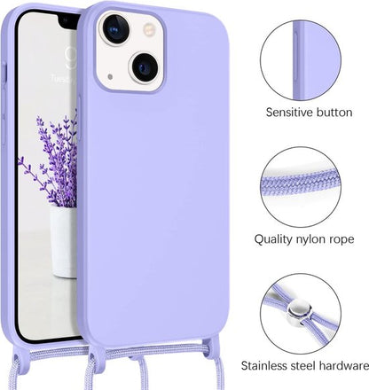 iPhone 14 Hoesje - Paars - Siliconen Back Cover met Telefoonkoord