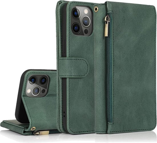 Apple iPhone 13 Pro Max Hoesje - Groen - Extra Stevige Luxe Bookcase met Rits en Vakken
