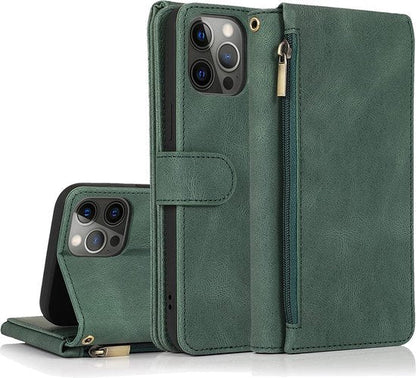 Apple iPhone 13 Pro Max Hoesje - Groen - Extra Stevige Luxe Bookcase met Rits en Vakken