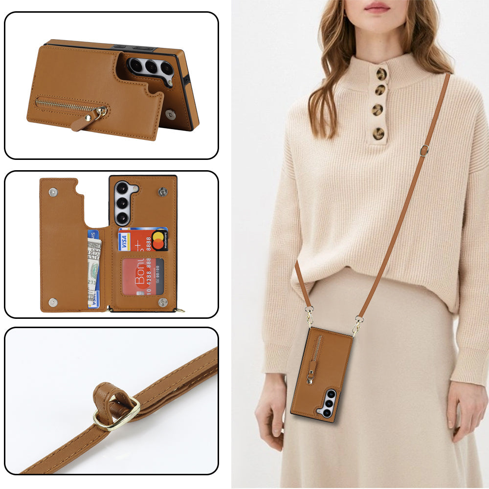 Samsung Galaxy S25 Case - Brown - Luxury Back Cover with Phone Strap and Zipper