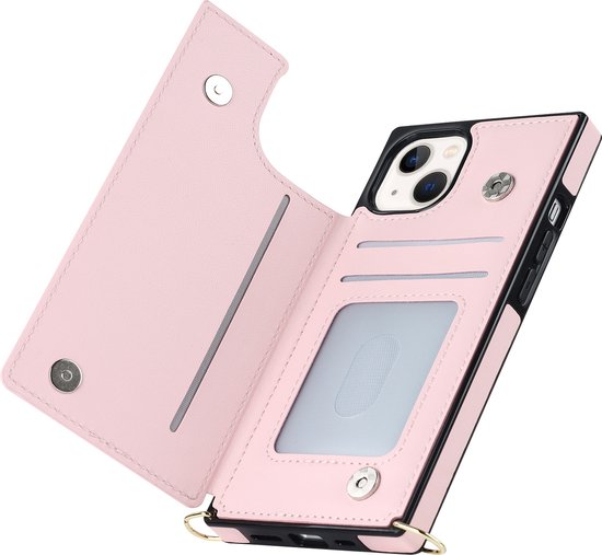 Apple iPhone 14 Hoesje - Roze - Luxe Back Cover met Telefoonkoord en Rits