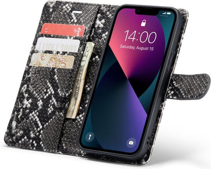 Apple iPhone 13 Mini Hülle - Schwarz - Luxus Schlangenprint Klapphülle mit Kartenfach