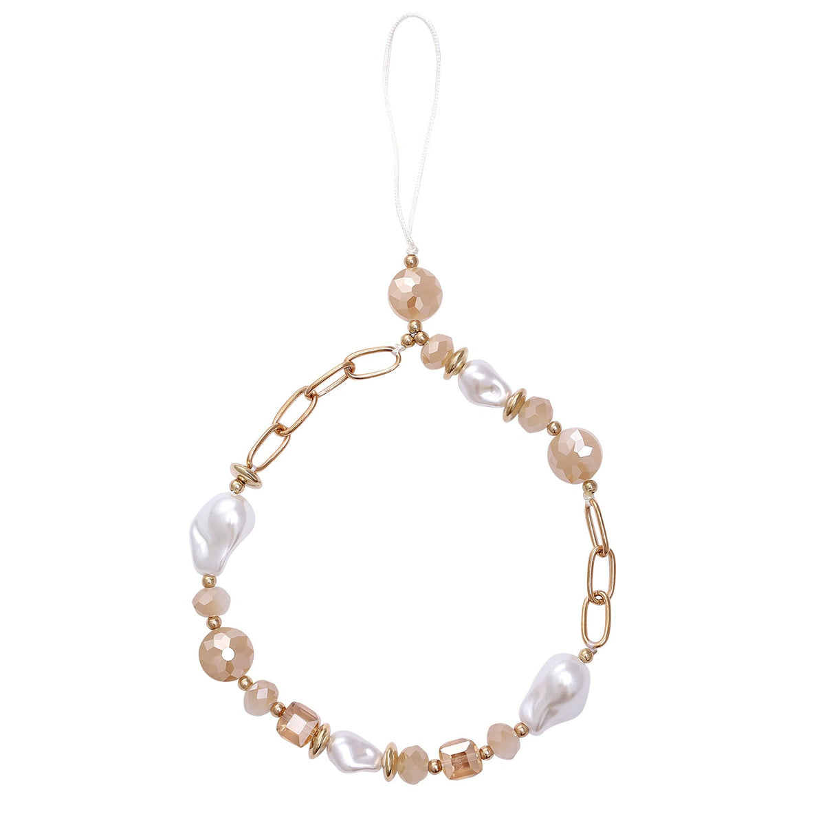 Casemania Universal Phone Chain - Gold-Coloured Links & Baroque Pearls - Wrist Strap with Champagne Beads - Wristlet Charm Strap - Sturdy Mobile Armband