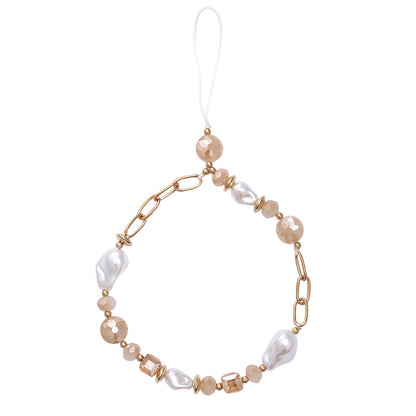Casemania Universal Phone Chain - Gold-Coloured Links & Baroque Pearls - Wrist Strap with Champagne Beads - Wristlet Charm Strap - Sturdy Mobile Armband