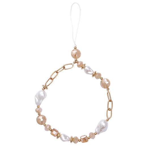 Casemania Universelle Handykette - Goldfarbene Kettenglieder & Barockperlen - Armband mit Champagnerfarbenen Perlen - Wristlet Charm Strap - Robustes Handy-Armband