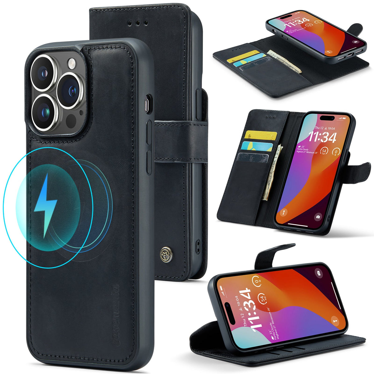Apple iPhone 15 Pro Case - Charcoal Gray - Genuine Leather 2-in-1 MagSafe Wallet Case