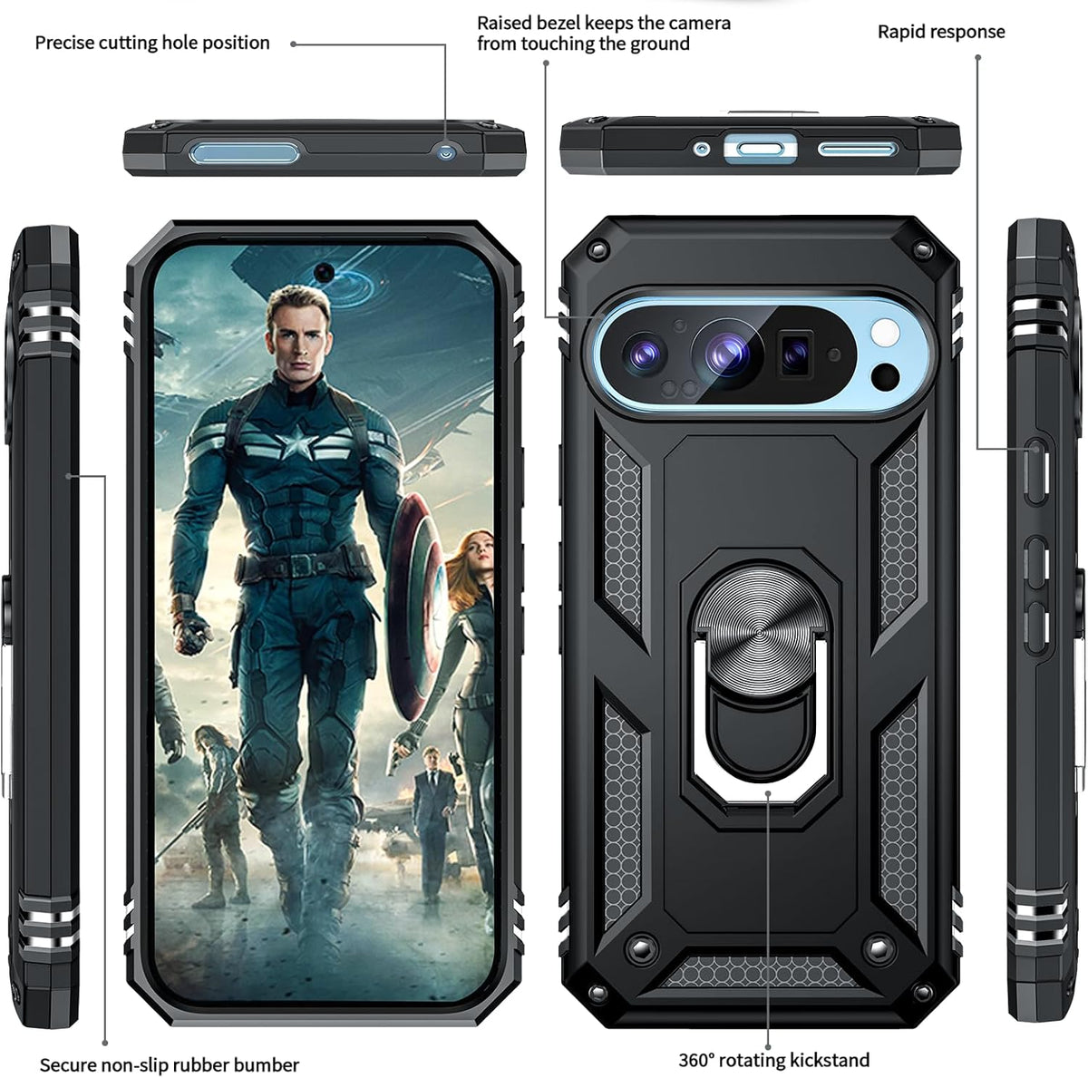 Google Pixel 9 Case - Black - Armor Kickstand Back Cover