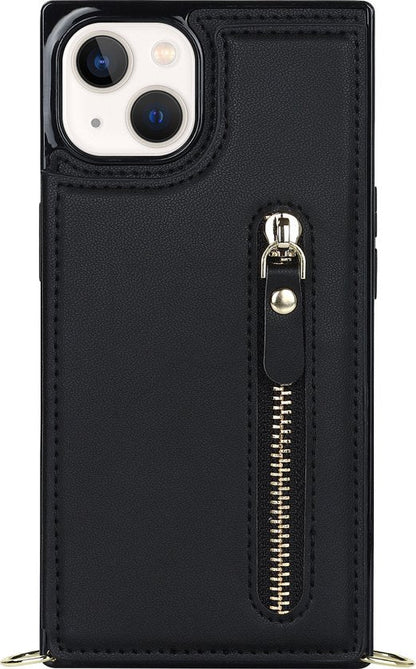 Apple iPhone 15 Plus Hoesje - Zwart - Luxe Back Cover met Telefoonkoord en Rits