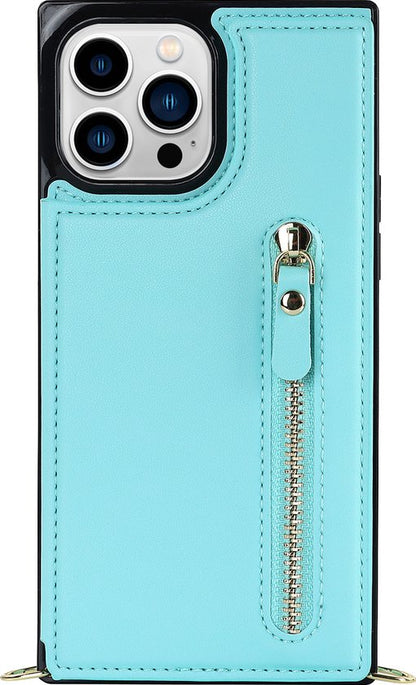 Apple iPhone 14 Pro Max Hoesje - Turquoise - Luxe Back Cover met Telefoonkoord en Rits