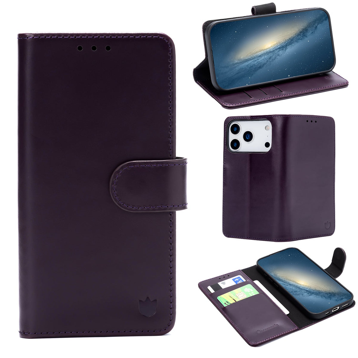 iPhone 17 Pro Max Hoesje - Dark Purple - Echt Leren Bookcase