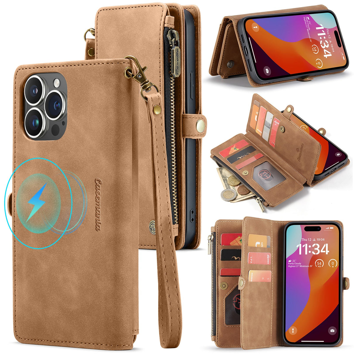 Apple iPhone 15 Pro Max Hoesje - Sienna Brown - Luxe MagSafe Bookcase met Rits en Telefoonkoord