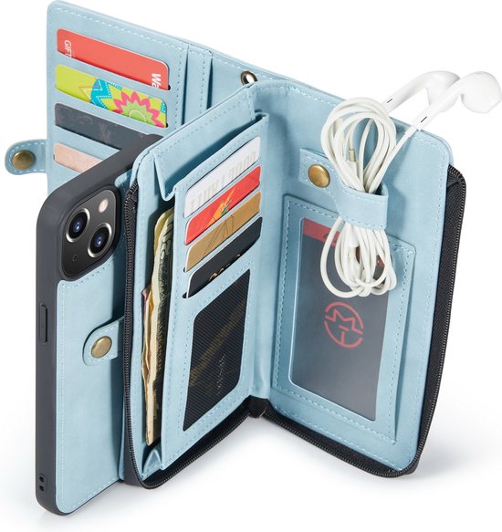 Apple iPhone 13 Mini Case - Aqua Blue - Luxury 2-in-1 Wallet Case with 10 Card Slots and Wrist Strap