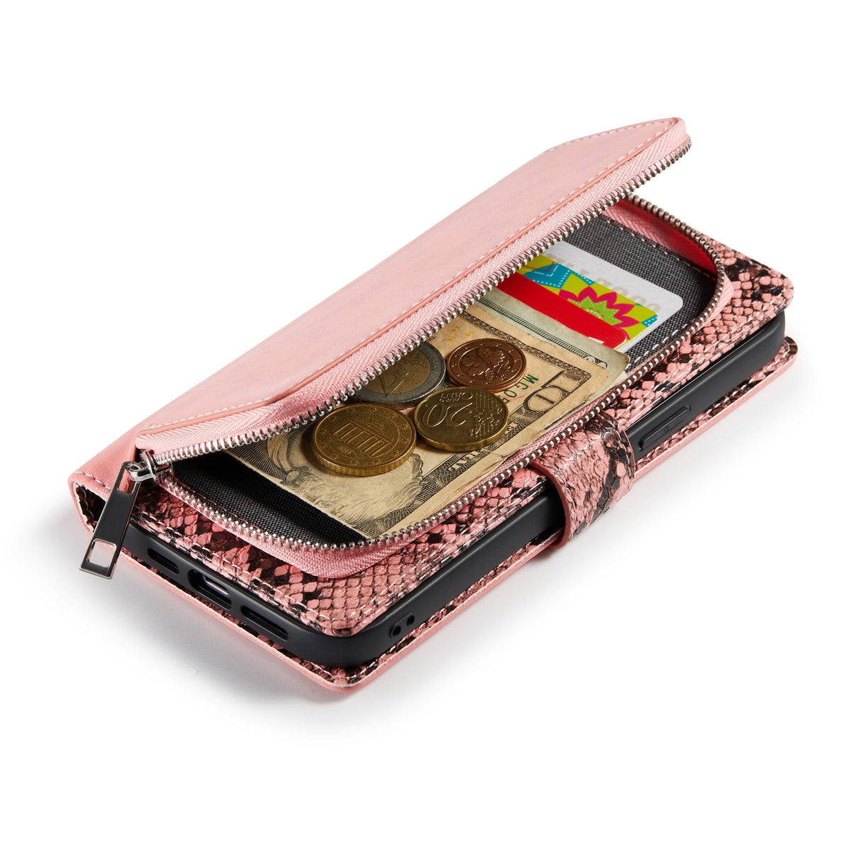 Apple iPhone 13 Pro Max Case - Pink - Luxury Snake Print Wallet Case with Zip and Card Holder