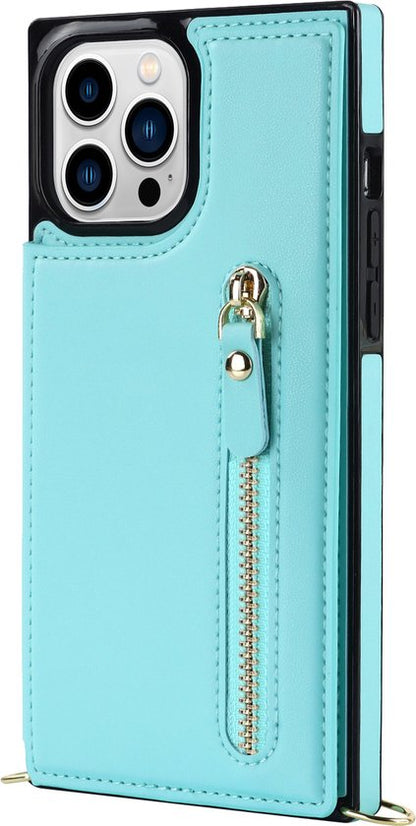 Apple iPhone 14 Pro Case - Turquoise - Luxury Back Cover with Phone Strap and Zipper