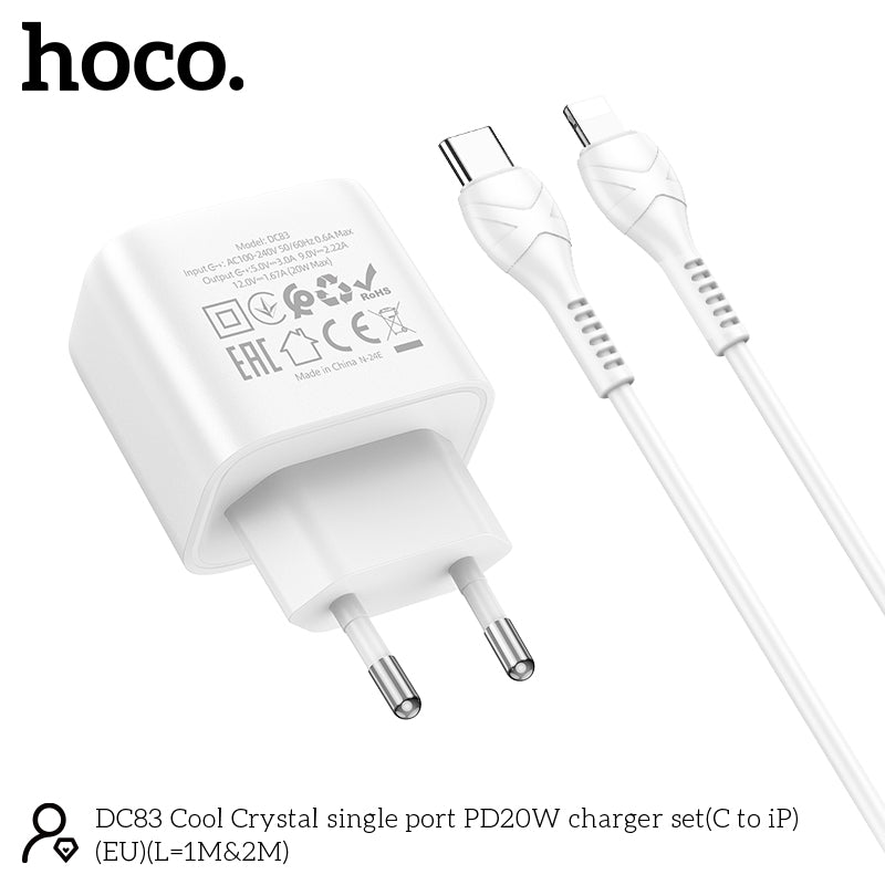 Chargeur rapide Hoco DC83 20W USB-C avec câble Lightning 1 m - Blanc
