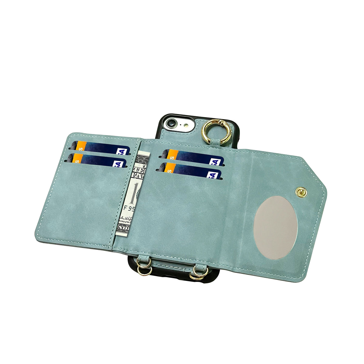 Apple iPhone 7 Case - Aqua Blue - Back Cover with Mirror, Sliding Card Holder and Phone Strap