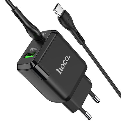 Hoco 20W Snellader 2-poorts USB-C + USB-A met USB-C Kabel 1m - Zwart