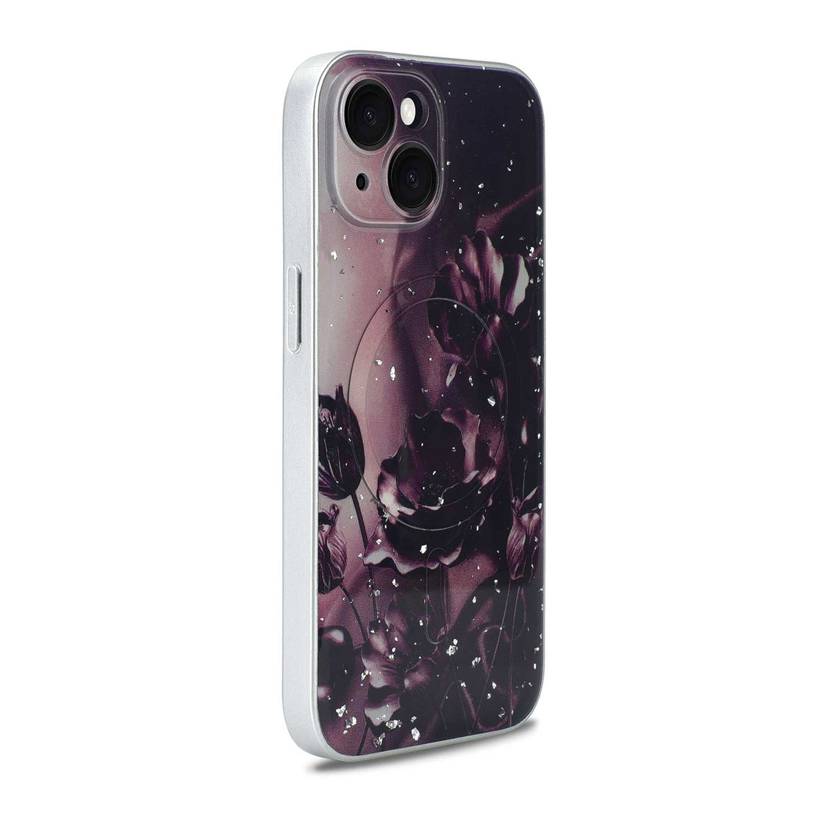 Apple iPhone 15 Hoesje - Donker Paars - Bloemen Glitter MagSafe Back Cover