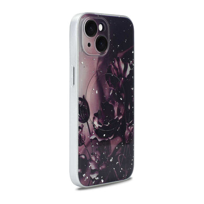 Apple iPhone 15 Hoesje - Donker Paars - Bloemen Glitter MagSafe Back Cover