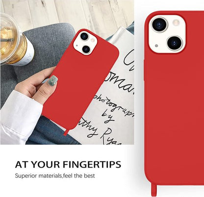 Apple iPhone 14 Plus Hoesje - Rood - Siliconen Back Cover met Telefoonkoord