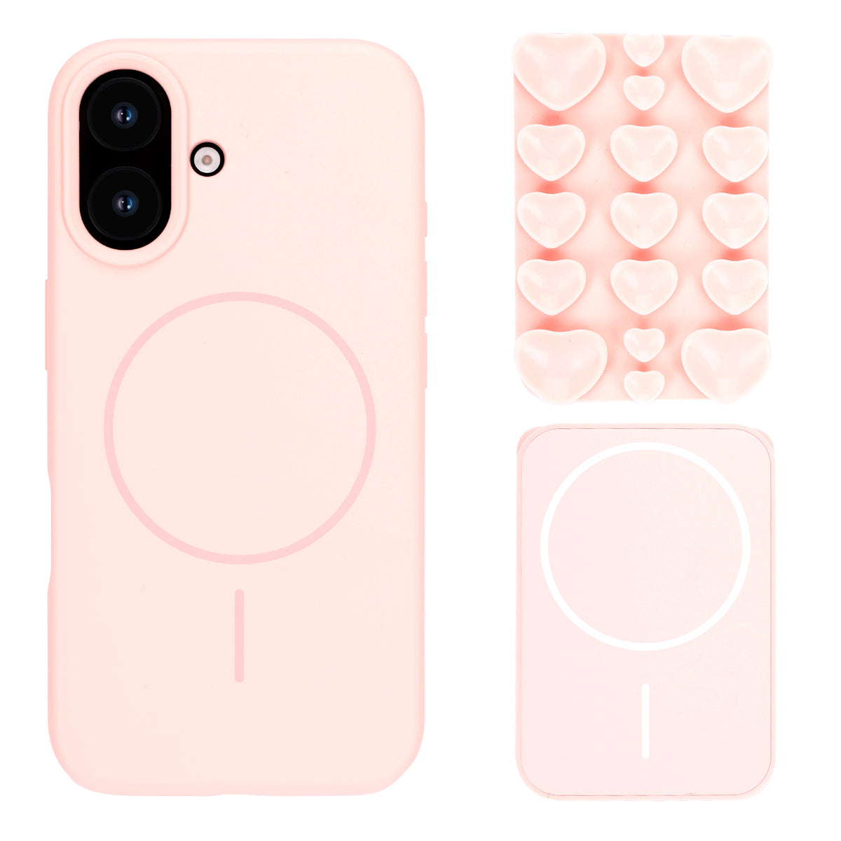 Apple iPhone 16 Hoesje - Licht Roze - Siliconen Back Cover met Afneembare Hartjes Zuignappen