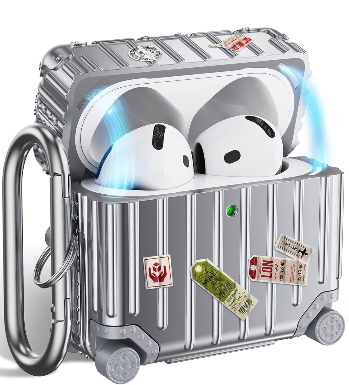 Apple AirPods 4 Hoesje - Koffer Suit Case met Stickers - Zilver