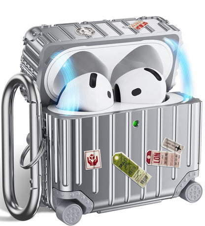 Apple AirPods 4 Hoesje - Koffer Suit Case met Stickers - Zilver