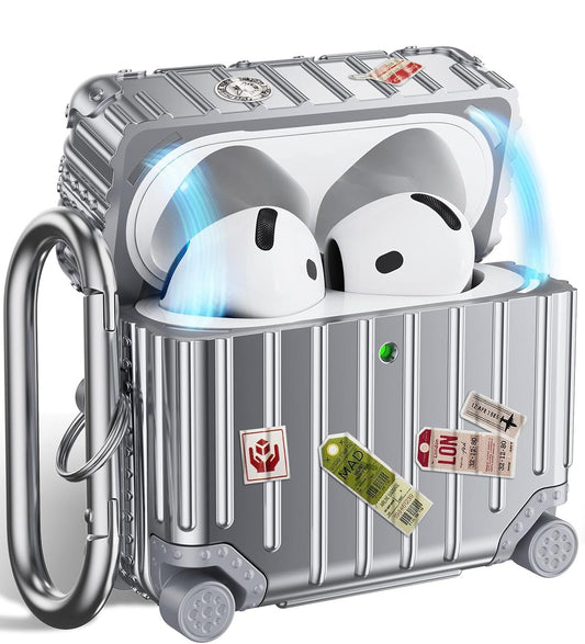 Apple AirPods 4 Hoesje - Koffer Suit Case met Stickers - Zilver