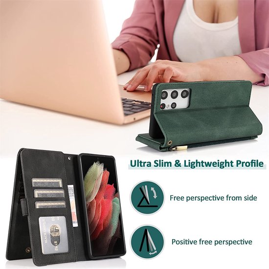 Samsung Galaxy S22 Ultra Hülle - Schwarz - Besonders robuste Luxus-Bookcase mit Reißverschluss und Fächern
