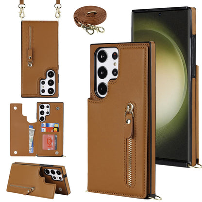 Samsung Galaxy S23 Ultra Hoesje - Bruin - Luxe Back Cover met Telefoonkoord en Rits
