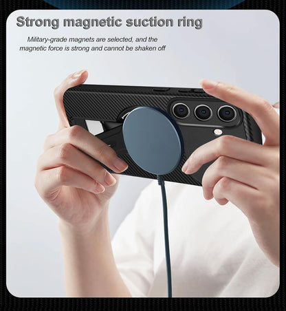 Samsung Galaxy A57 Case - Zwart Carbon - Silicone MagSafe Back Cover with Kickstand Stand