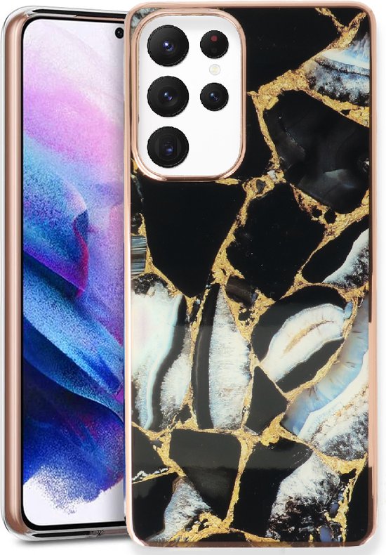Samsung Galaxy S23 Ultra Hoesje - Zwart - Siliconen Marmer Back Cover