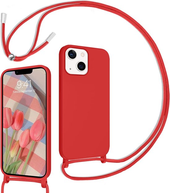 Apple iPhone 14 Plus Hoesje - Rood - Siliconen Back Cover met Telefoonkoord