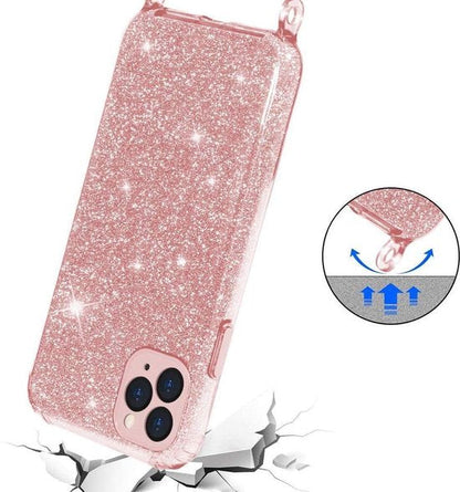 Apple iPhone 12 Pro Max Hoesje - Roze - Glitter Back Cover met Telefoonkoord
