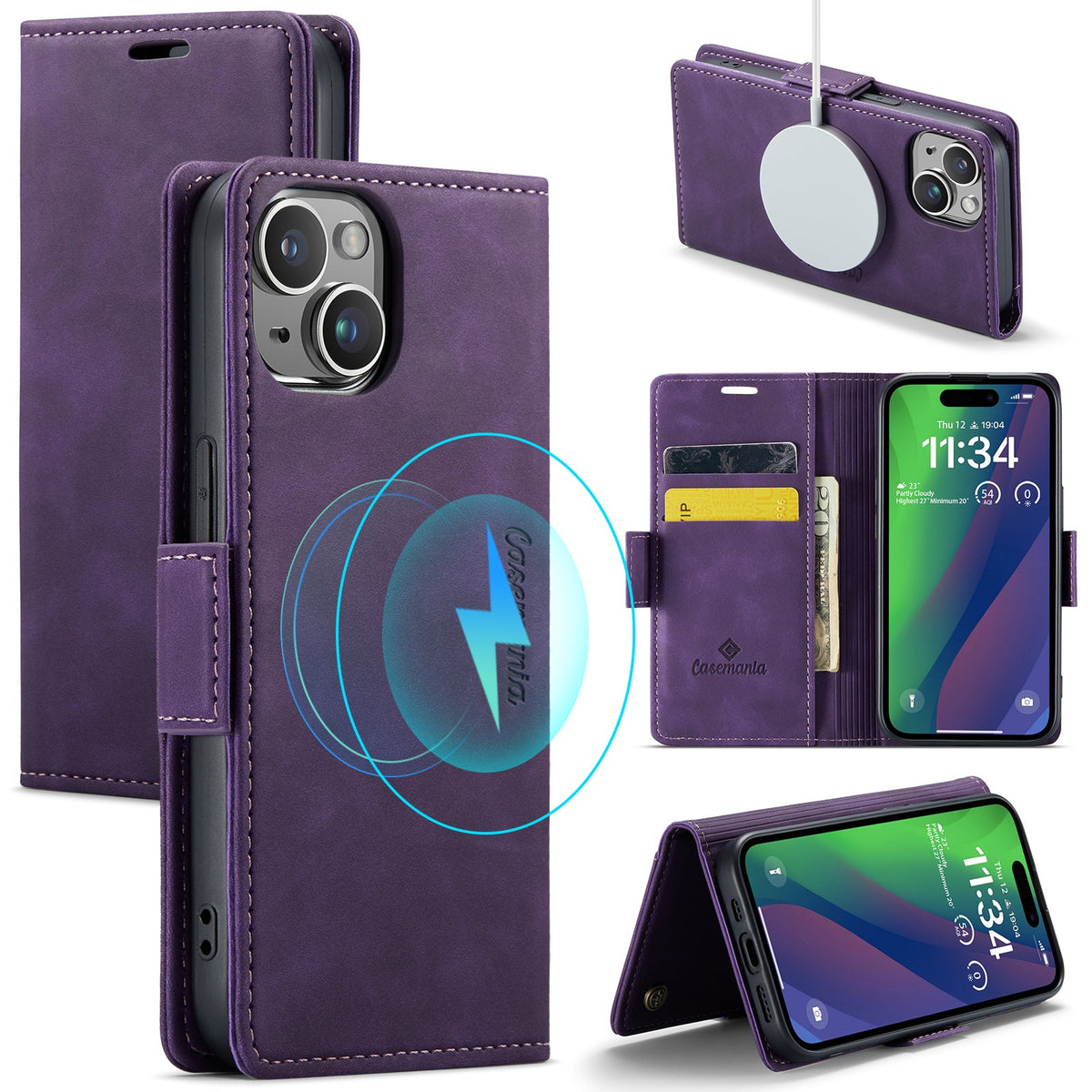 Apple iPhone 15 Hülle - Dark Purple - Portemonnaie-MagSafe-Klapphülle mit Kartenfach