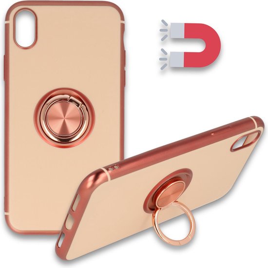 Apple iPhone Xs Max Hoesje - Roségoud - Siliconen Ring Kickstand Back Cover