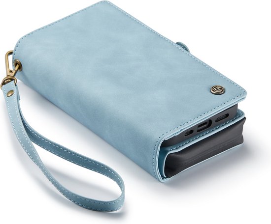 Apple iPhone 13 Mini Case - Aqua Blue - Luxury 2-in-1 Wallet Case with 10 Card Slots and Wrist Strap