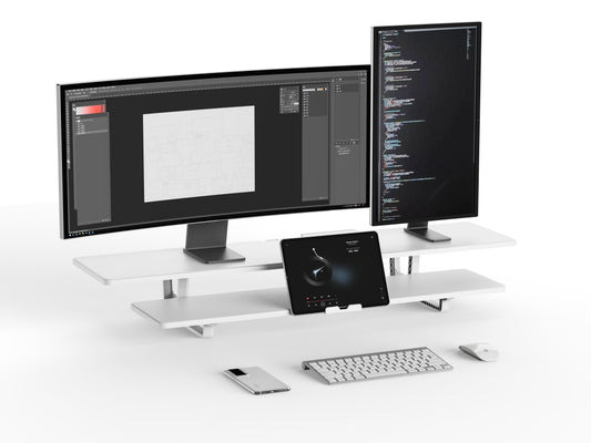 Casemania Monitorständer mit Telefonhalter - Weiß - Bildschirmerhöhung für 2 Monitore - Zweistufiger Monitorständer mit Ablagefach - Extra Breite Schreibtischerhöhung - Bildschirmständer - Schreibtisch-Organizer für Homeoffice und Büro