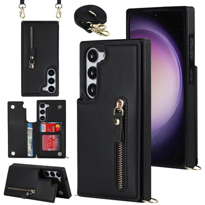 Samsung Galaxy S24 Case - Black - Luxury Back Cover with Phone Strap and Zipper