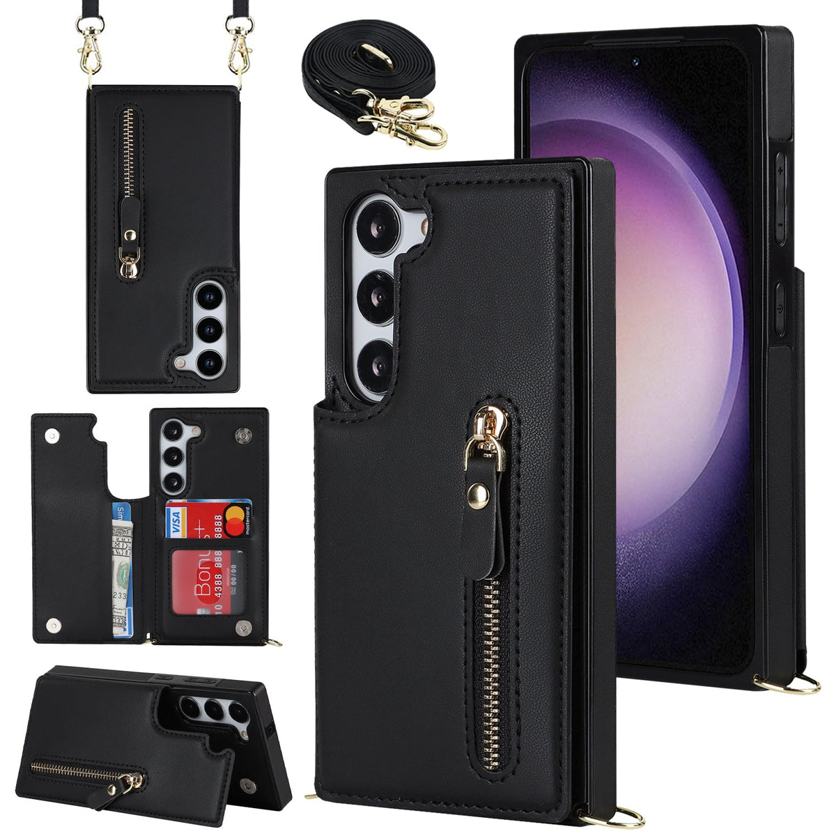 Samsung Galaxy S24 Plus Case - Black - Luxury Back Cover with Phone Strap and Zipper